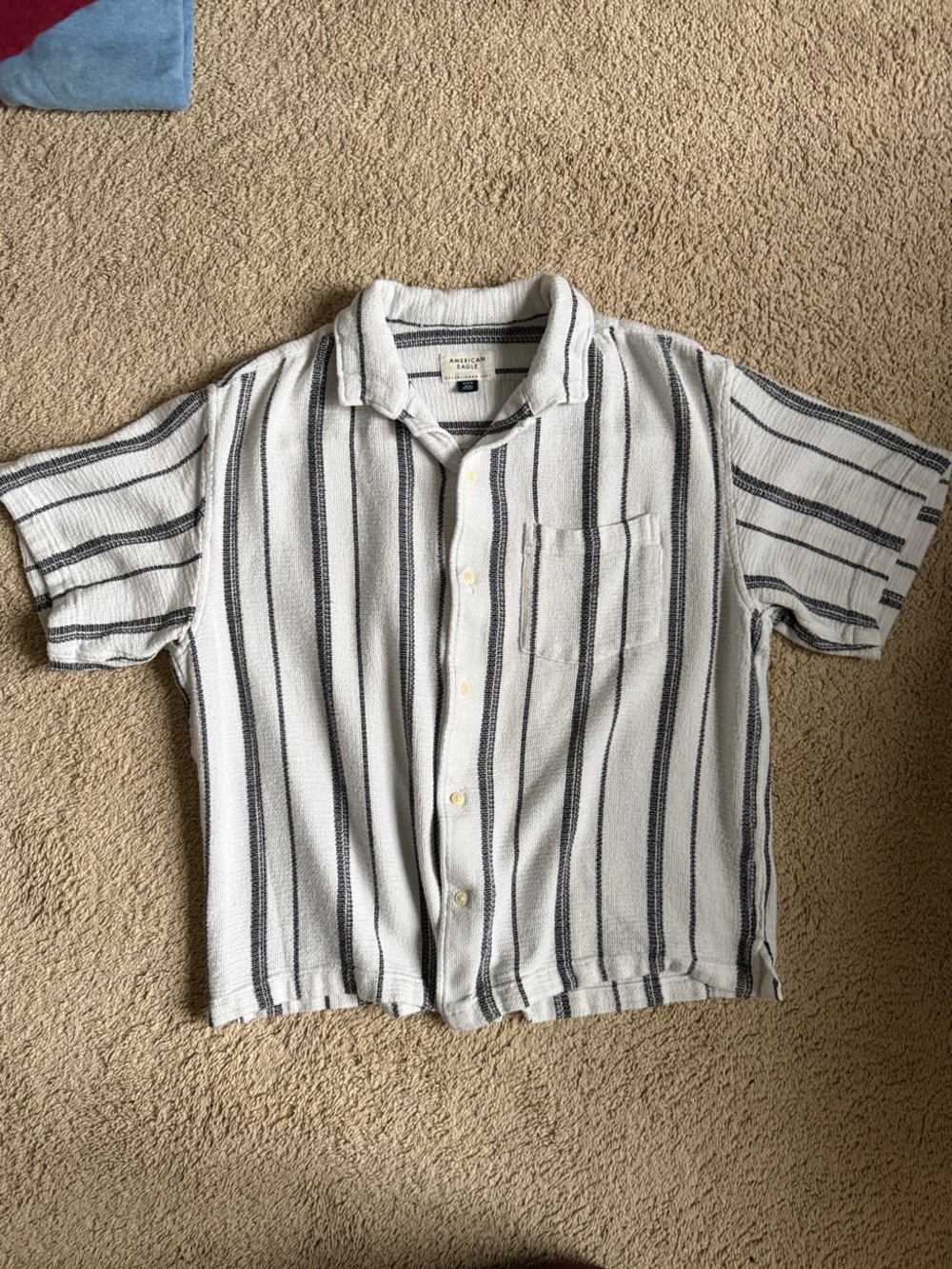 American Eagle Outfitters White Short-Sleeve Button Down with Navy Stripes